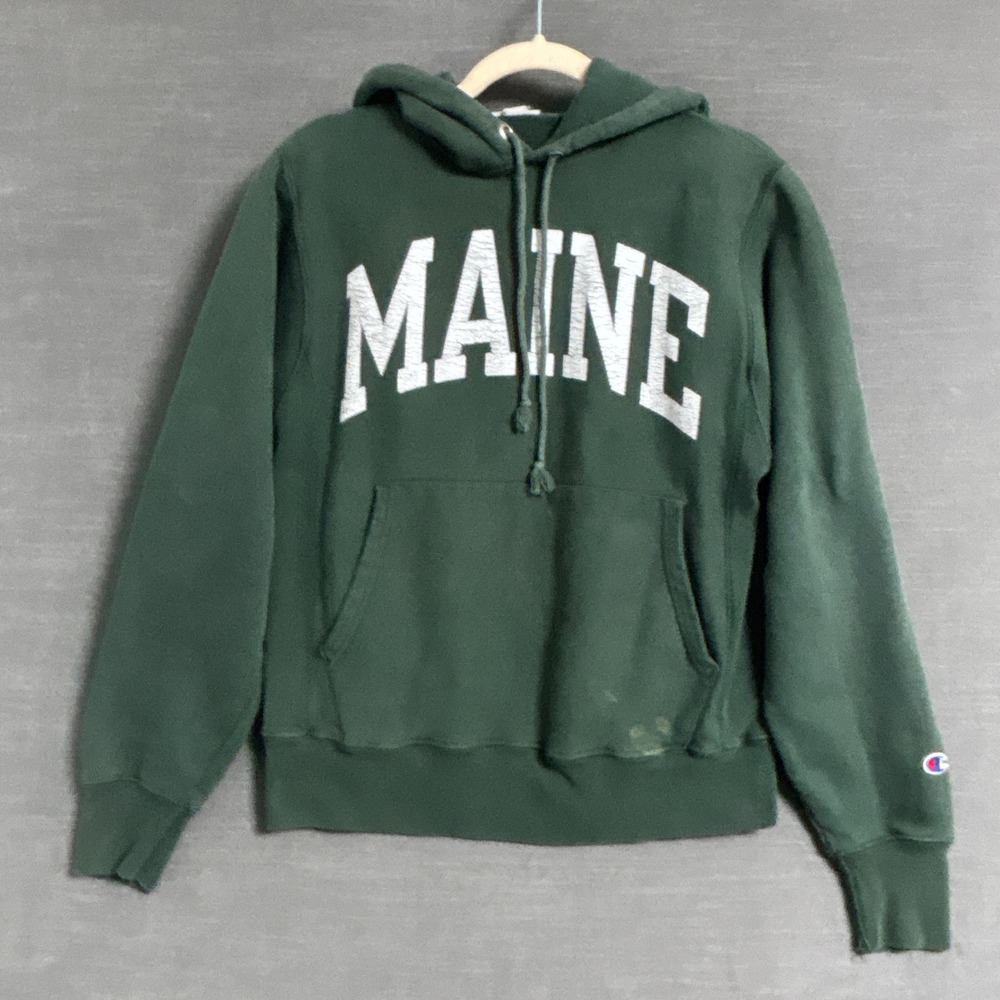 Vintage 90s Champion Reverse Weave Hoodie Small Green Maine Sweatshirt Pullover